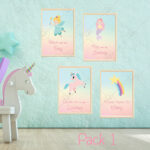 Le pack 1 se compose de 4 affiches féerique illustrant la citation “Danse avec les fées, envole-toi sur une licorne, nage avec les sirènes et poursuis toujours tes rêves”.