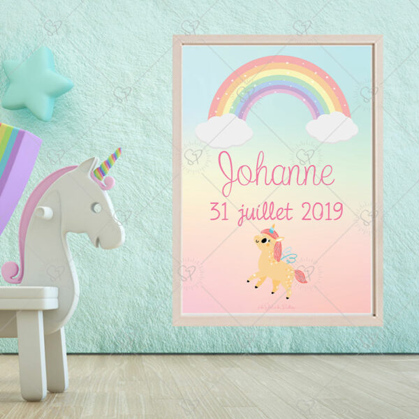 Décorez la chambre de votre enfant avec cette affiche prénom personnalisable, son arc-en-ciel et sa licorne