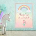 Décorez la chambre de votre enfant avec cette affiche prénom personnalisable, son arc-en-ciel et sa sirène