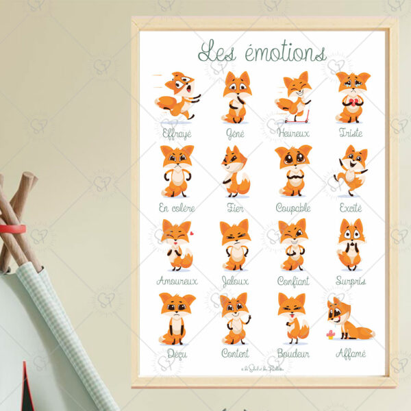 Cette affiche au 16 émotions, en plus d'être décorative est un véritable outil pédagogique quotidien pour accompagner les enfants dans leur apprentissage des émotions : en regardant le visage du renard, l'enfant peut facilement s'identifier et mettre un nom sur l'émotion qu'il est en train de vivre.