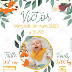 cette affiche naissance animaux de la forêt et ses feuilles tropicales peut aussi faire office de faire part
