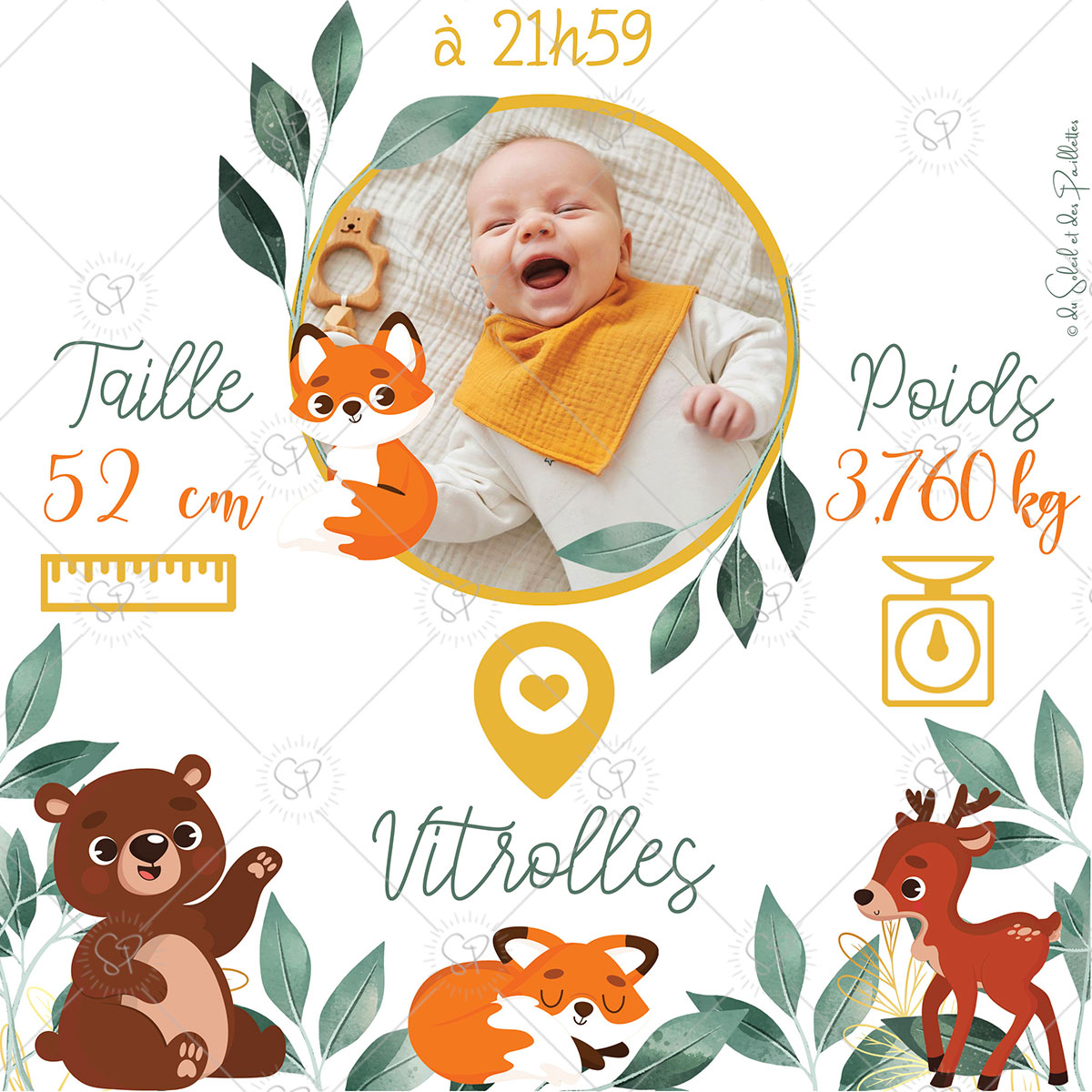 une affiche naissance qui reprend les informations clef de l'enfant à sa naissance accompagnés d'adorables animaux de la forêt