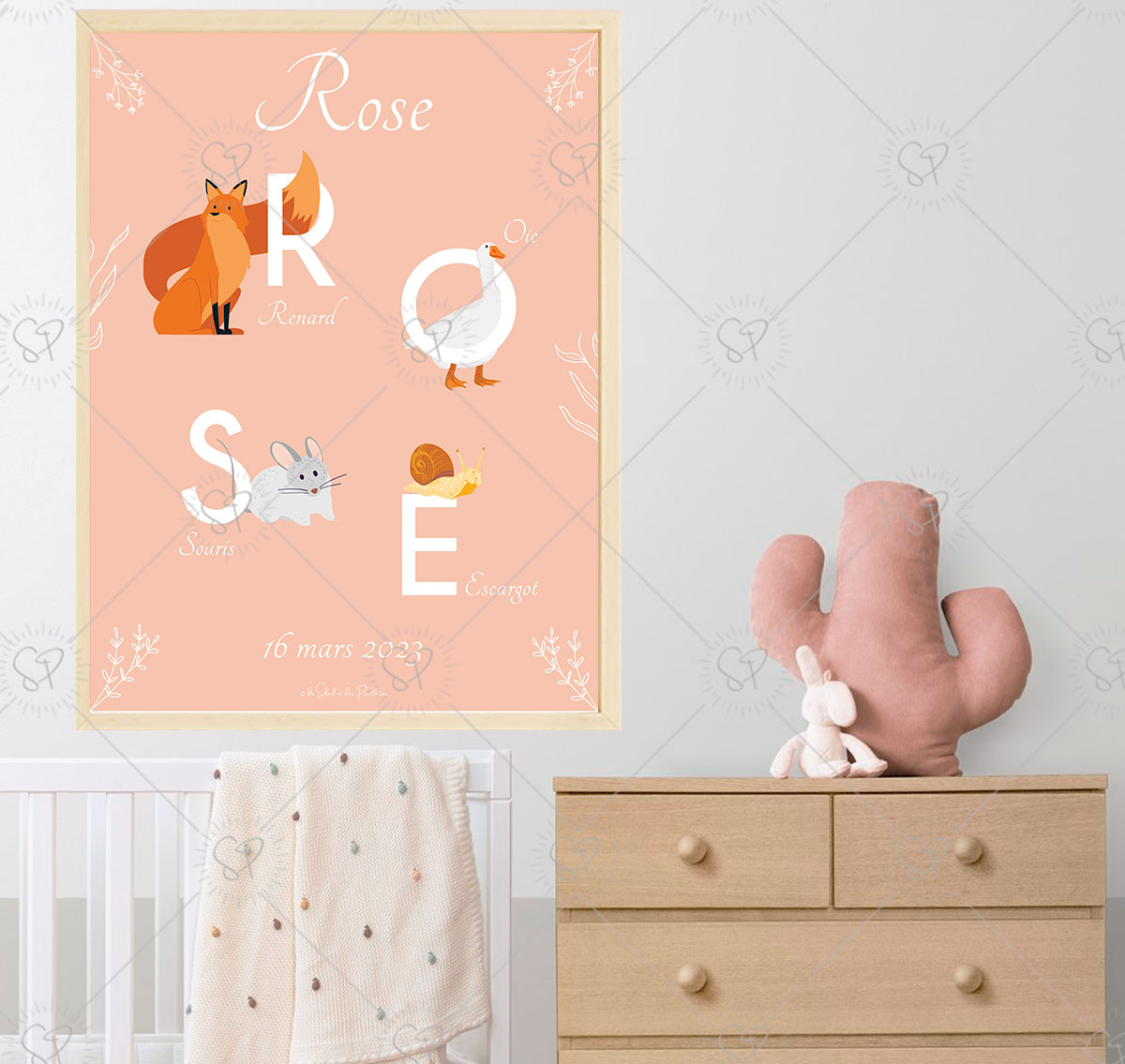 affiche alphabet animaux Rose avec un renard, une oie, une souris et un escargot