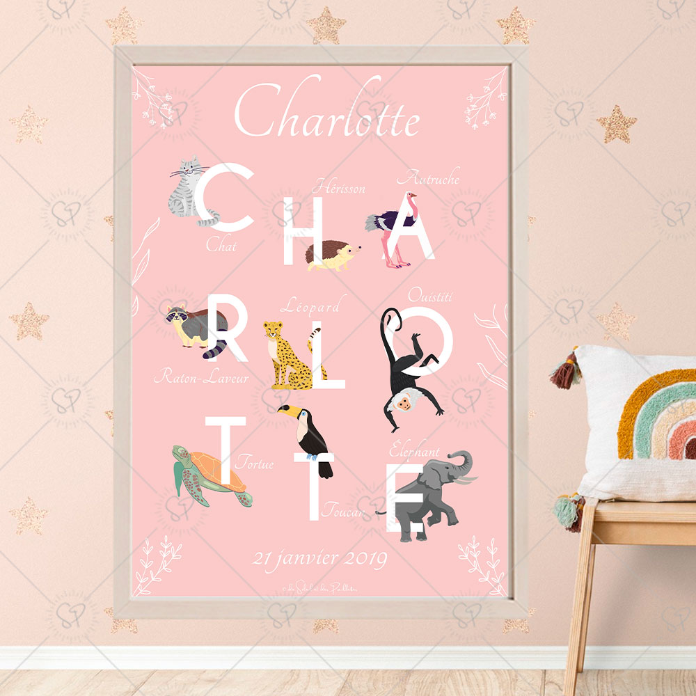 affiche alphabet animaux Charlotte avec un Chat, un hérisson, une autruche, un raton laveur, un léopard, un ouistiti, une tortue, un toucan et un éléphant