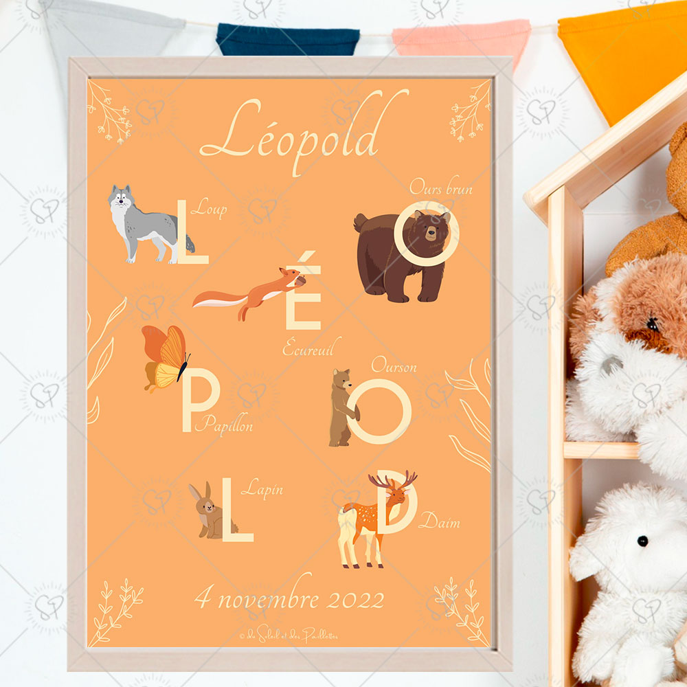 affiche alphabet animaux Léopold orange avec un Loup, un écureuil, un ours, un papillon, un ourson, un lapin et un Daim