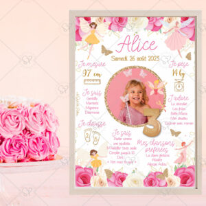 Célébrez l’anniversaire de votre enfant avec cette affiche personnalisable fleurie et ses adorables petites fées qui vous plongera dans un jardin enchanté.