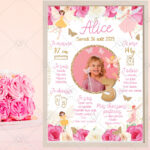 l'affiche anniversaire fée floral est féerique, rose et dorée avec des papillons, des roses et des fées à installer à côté du gâteau