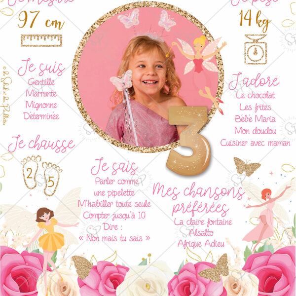 l'affiche anniversaire fée florale est aussi une petite attention à offrir à vos invités en format carte postale, en souvenir de la journée.