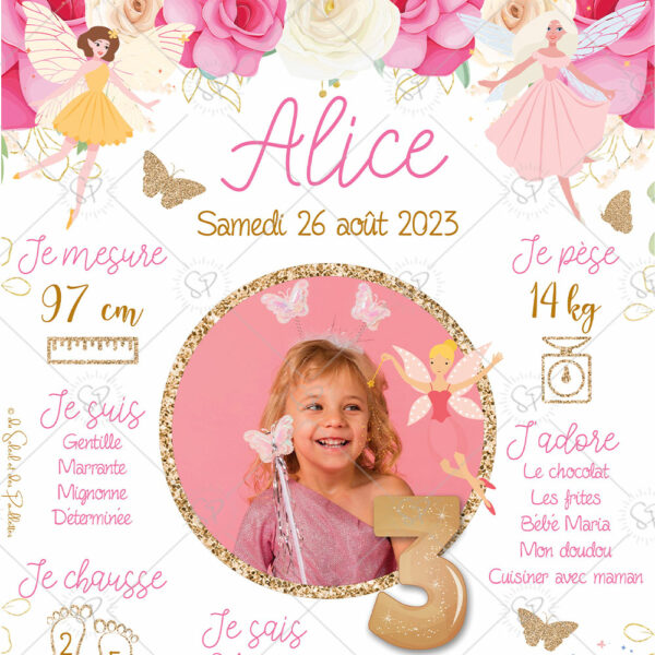 l'affiche anniversaire fée floral est un souvenir qui retrace les exploits de l'enfants et ses informations clefs comme sa taille, ses chansons préférées ou encore son poids