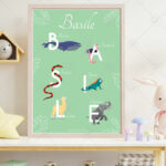affiche alphabet animaux Basile avec une baleine, une autruche, un serpent, un iguane, un lama et un éléphant