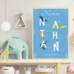 affiche alphabet animaux marin Nathan avec un narval, un alligator, une tortue, un hippocampe, une anguille et un Nautile