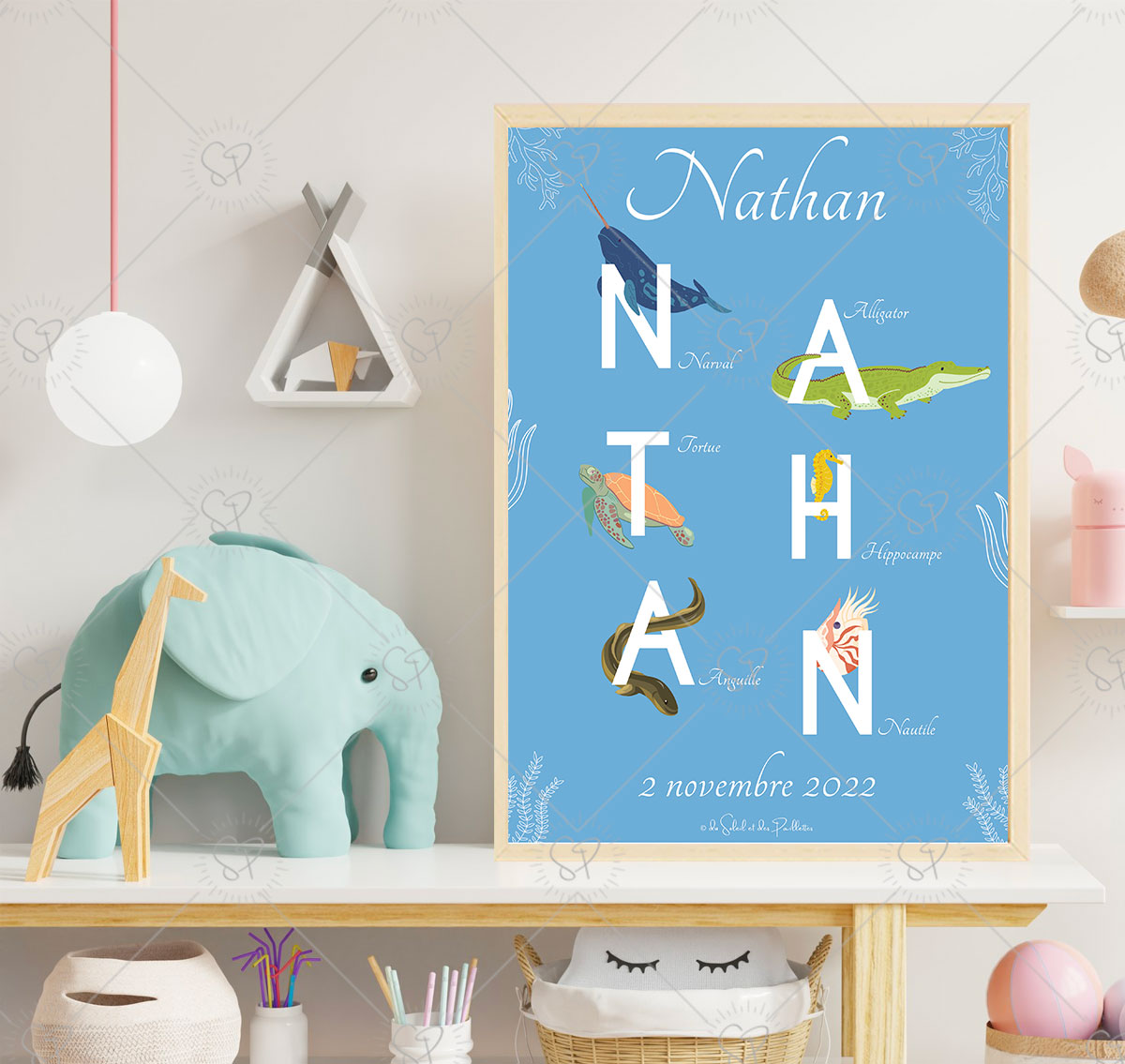 affiche alphabet animaux marin Nathan avec un narval, un alligator, une tortue, un hippocampe, une anguille et un Nautile