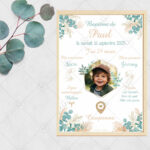 Immortalisez le baptême de votre enfant ou de votre filleul(e) avec cette affiche personnalisée champêtre, ses feuilles d'eucalyptus et ses fleurs de la pampa.
