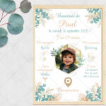 L'affiche baptême champêtre eucalyptus est un joli souvenir personnalisé à afficher dans la chambre de l'enfant