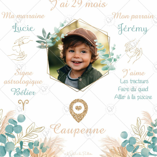 Cette affiche baptême champêtre eucalyptus, aux tons de verts et aux finitions dorées, peut aussi faire office de cadeau personnalisé aux parents/parrains