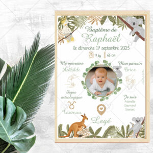 Immortalisez le baptême de votre enfant ou de votre filleul(e) avec cette affiche personnalisée sur le thème de l’Australie avec ses feuilles tropicales, ses koalas, son cacatoès et sa maman kangourou.