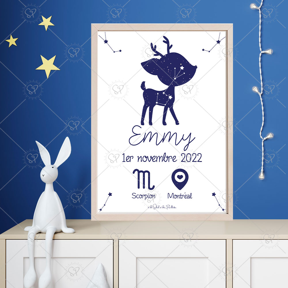 Une affiche personnalisée avec un animal totem qu'il aime comme le renne qui viendra mettre des étoiles dans les yeux de votre enfant avant d'aller dormir.
