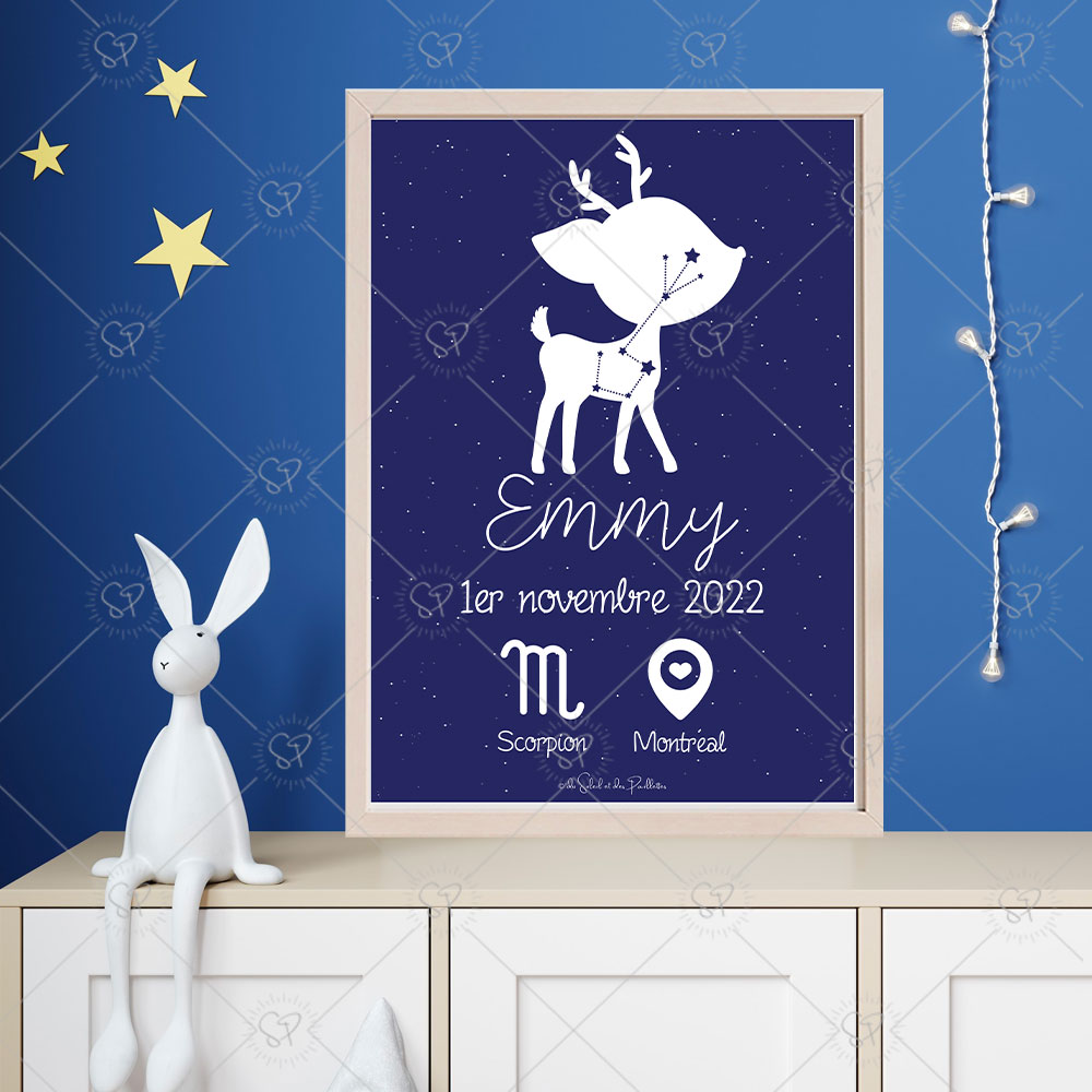 Décorez la chambre de votre enfant avec cette affiche prénom sur le thème des étoiles avec un animal totem (au choix) ou une forme de votre choix et la constellation de son signe astrologique