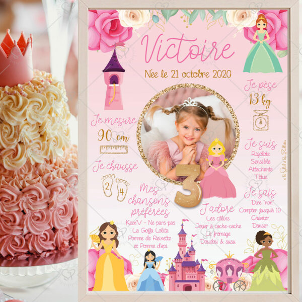 Une affiche anniversaire enchantée qui viendra compléter votre déco pour la fête, à installer à côté du gâteau, sur laquelle on retrouve en plus des jolies princesses en robe de bal, un château, un carrosse et même une petite tour avec une longue tresse descendant de la fenêtre, qui devrait vous rappeler une célèbre princesse aux cheveux blonds interminables... 