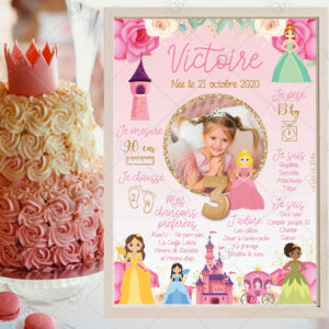 Célébrez l’anniversaire de votre enfant avec cette affiche personnalisable florale et ses adorables princesses. Un souvenir qui viendra décorer son anniversaire.