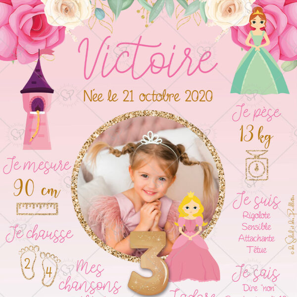 L'affiche anniversaire princesse est un souvenir qui retrace ses exploits, ses informations clefs comme sa taille, ses chansons préférées ou encore son poids, que vous pourrez ensuite afficher dans sa chambre.