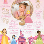 Cette affiche anniversaire princesses peut aussi se décliner au format carte postale, une petite attention à offrir à vos invités en souvenir de la journée : papi et mamie seront ravis !