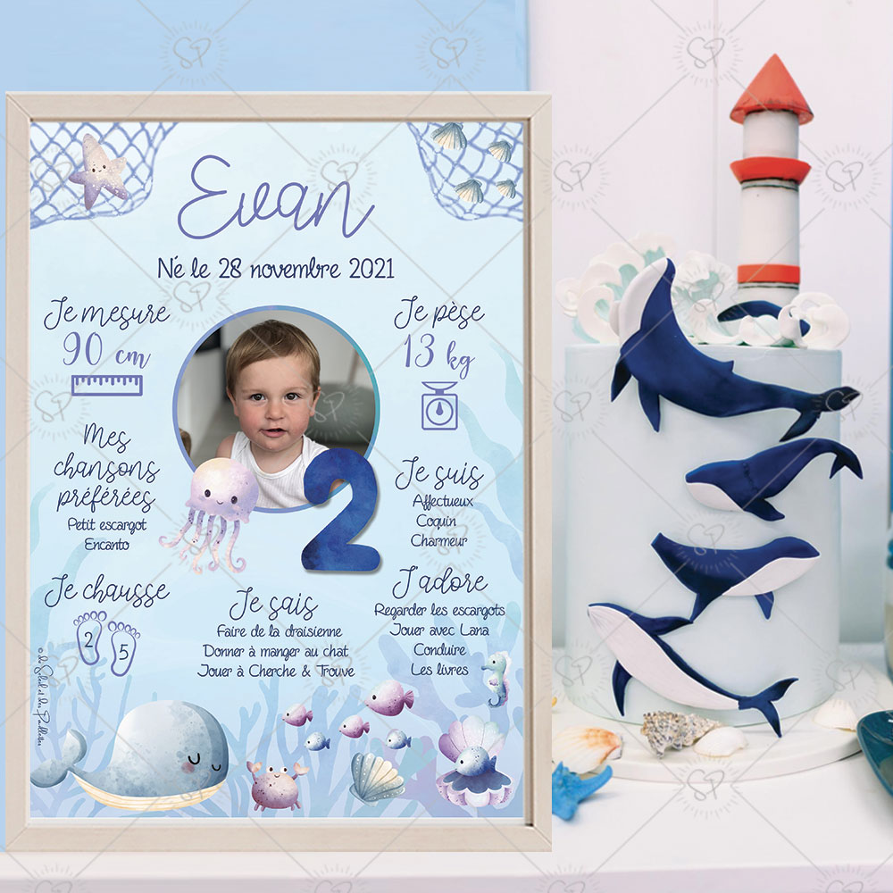 Célébrez l’anniversaire de votre enfant avec cette affiche personnalisable sur le thème des animaux marins. Un souvenir qui retrace ses exploits pour décorer sa fête.