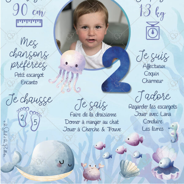 Une affiche anniversaire sur laquelle on retrouve des animaux marins tels que la baleine, la pieuvre, l'hippocampe, les poissons