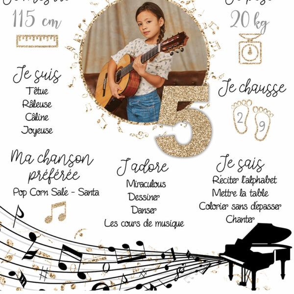 Cette affiche anniversaire sur le thème de la musique est idéal pour une petite fille ou petit garçon qui aime la musique