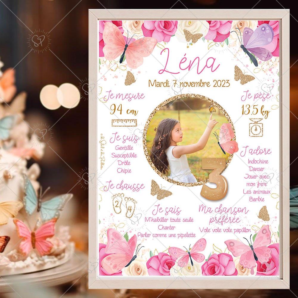 Une affiche anniversaire enchantée sur les tons de rose et doré avec de jolis papillons qui viendra compléter votre déco pour la fête, à installer à côté du gâteau