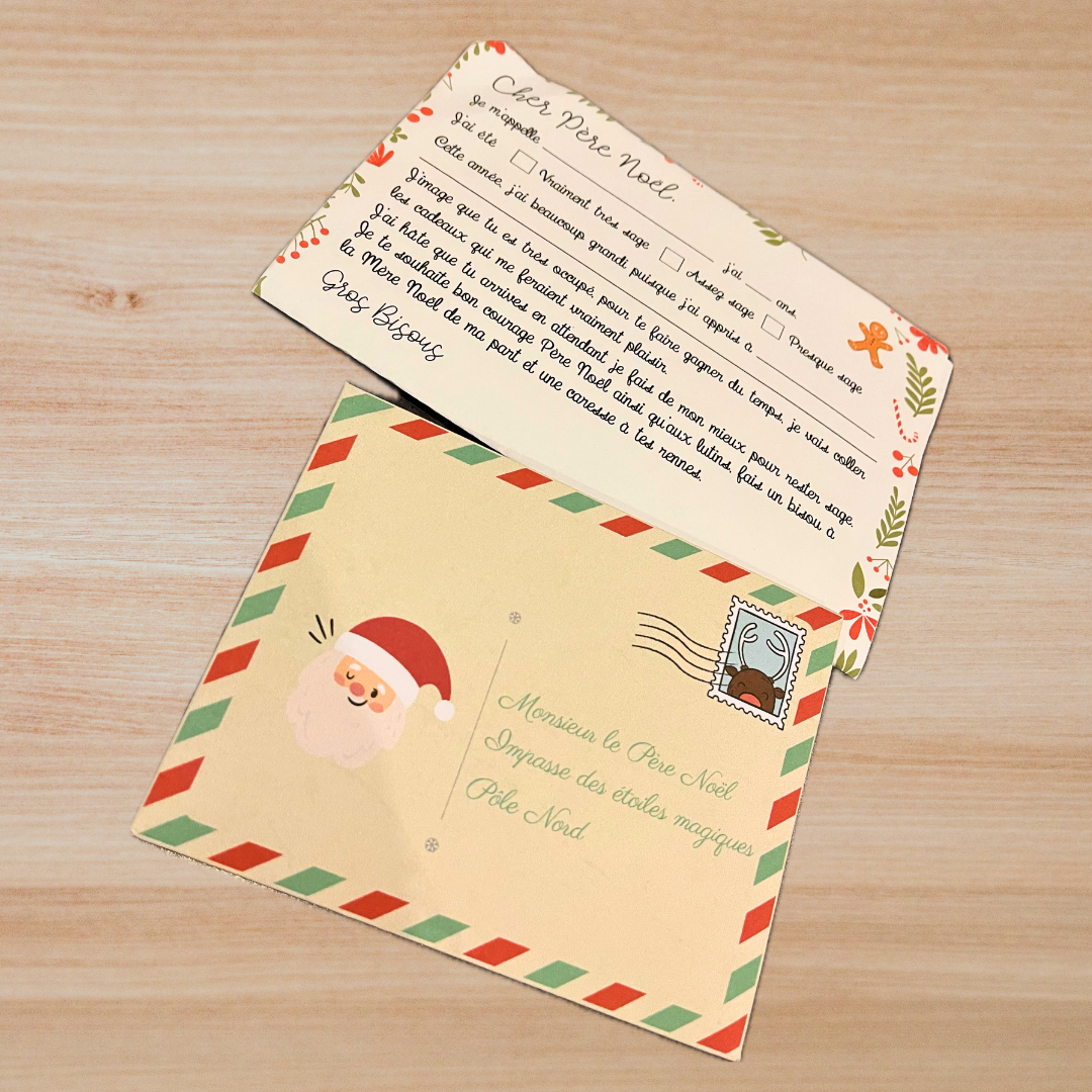 La lettre à envoyer au Père Noël + son enveloppe est disponible dans le mini et maxi kit magie de Noël mais également en version PDF.