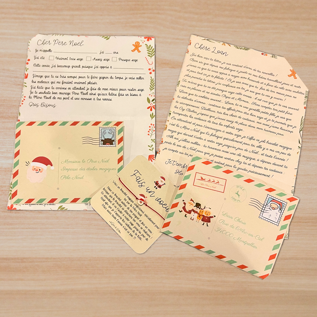 le kit magie de noël existe en version mini avec lettre et réponse du Père Noël, enveloppe et bracelet magique aléatoire