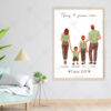 l'affiche portrait de famille se décline pour 4 personnes, avec bébé debout ou dans les bras, possibilité de personnaliser l'apparence, les vêtements, couleurs, cheveux