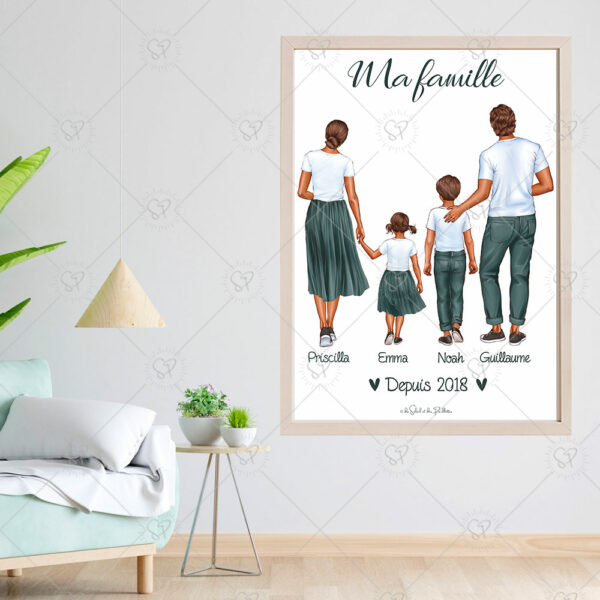 l'affiche portrait de famille se décline pour 4 personnes, avec petit ou plus grand enfant, possibilité de personnaliser l'apparence, les vêtements, couleurs, cheveux