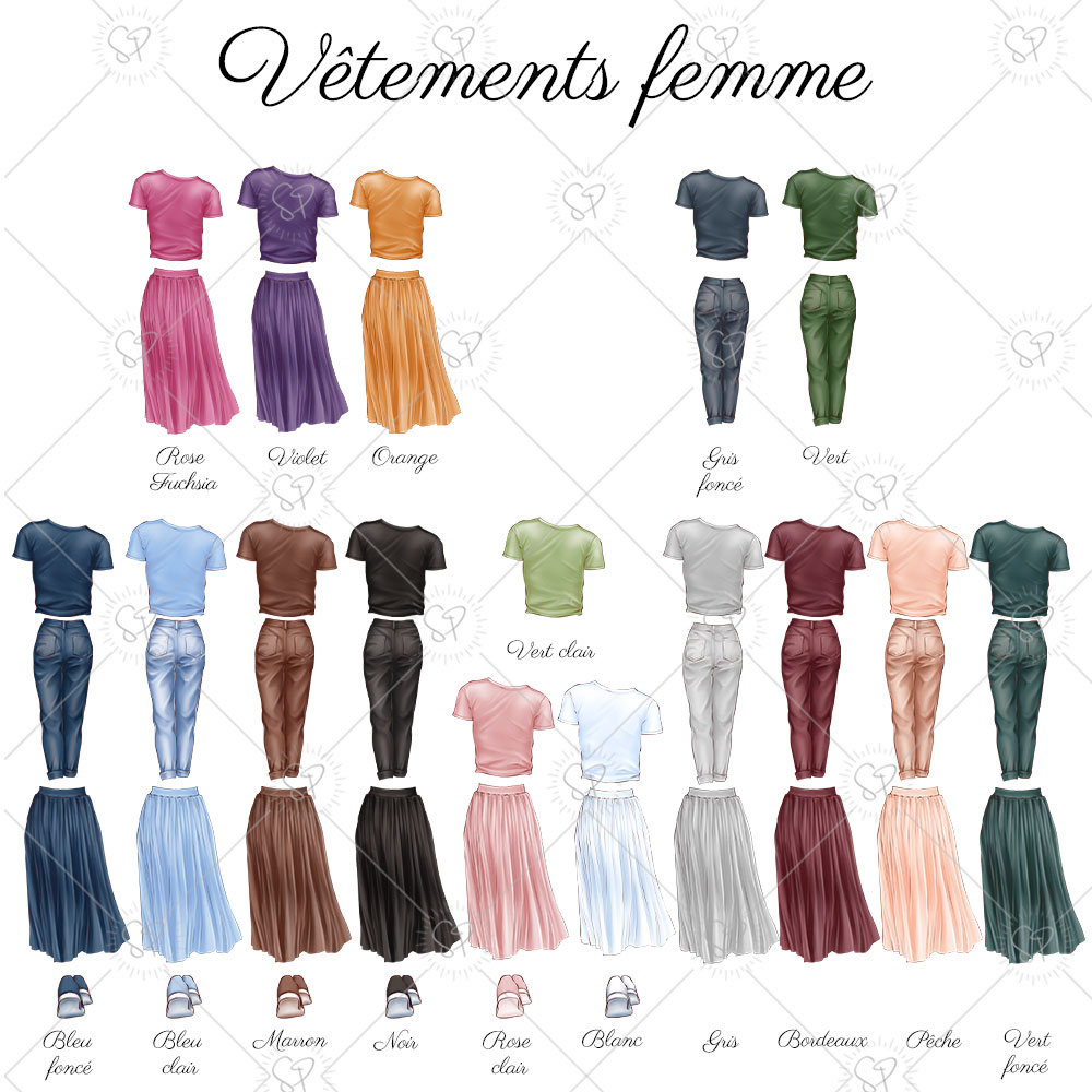 avec l'affiche portrait de famille personnalisez l'apparence des membres de votre famille en choisissant leurs vêtements et couleurs parmi jean, jupe et t-shirt pour les femmes