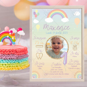 Célébrez l’anniversaire de votre enfant avec cette affiche personnalisable aux couleurs douces et ses jolis arcs-en-ciel pastel. Un souvenir qui retrace ses exploits, ses informations clefs comme sa taille, son poids ou encore ses chansons préférées que vous pourrez afficher dans sa chambre.