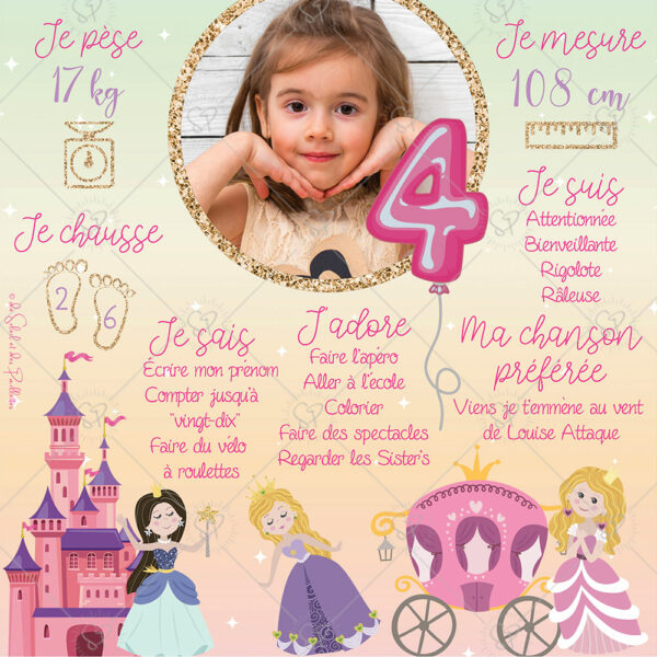 Cette affiche anniversaire princesses pastel peut aussi se décliner au format carte postale : une petite attention à offrir à vos invités en souvenir de la journée (papi et mamie seront ravis !)