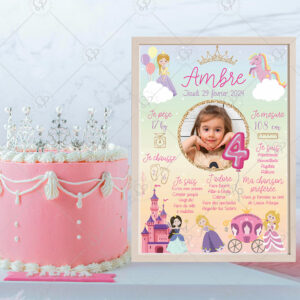 Célébrez l’anniversaire de votre enfant avec cette affiche personnalisable enchantée aux couleurs pastels et ses adorables princesses.