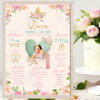 Une affiche anniversaire rose et verte aux détails dorés, bordée de bouquets de roses et de couronnes de fleurs, qui viendra compléter votre déco pour la fête, à installer à côté du gâteau.