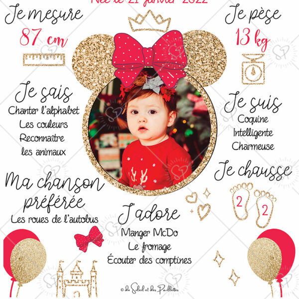 l'affiche anniversaire oreilles de souris rouge et doré est un souvenir qui retrace les exploits de l'enfant, que vous pourrez ensuite afficher dans sa chambre.