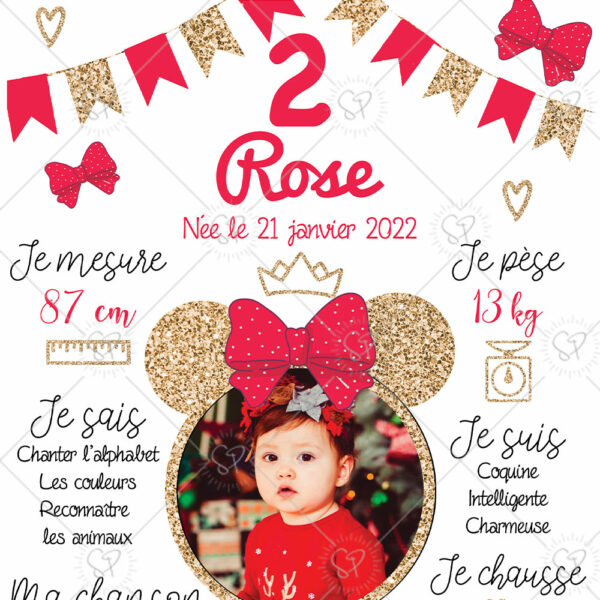 Cette affiche anniversaire oreilles de souris rouge et doré peut aussi se décliner au format carte postale : une petite attention à offrir à vos invités en souvenir de la journée (papi et mamie seront ravis !)