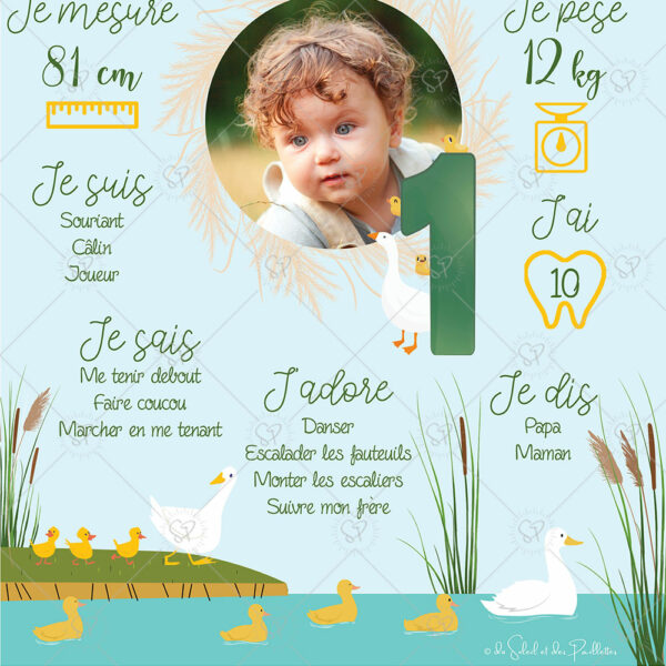 Une affiche anniversaire sur le thème des oies et des bébés oisons qui peut aussi se décliner au format carte postale : une petite attention à offrir à vos invités en souvenir de la journée