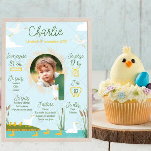 Célébrez l’anniversaire de votre enfant avec cette affiche personnalisable et ses adorables petites oies blanches accompagnées de leurs bébés oisons.