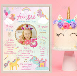 Célébrez l’anniversaire de votre enfant avec cette affiche personnalisable enchantée aux couleurs pastels et ses adorables licornes.