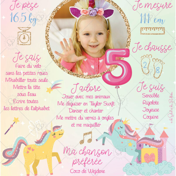 Cette affiche anniversaire licorne est un souvenir qui retrace ses exploits, et ses informations clefs comme sa taille, son poids ou encore ses chansons préférées que vous pourrez ensuite afficher dans sa chambre.