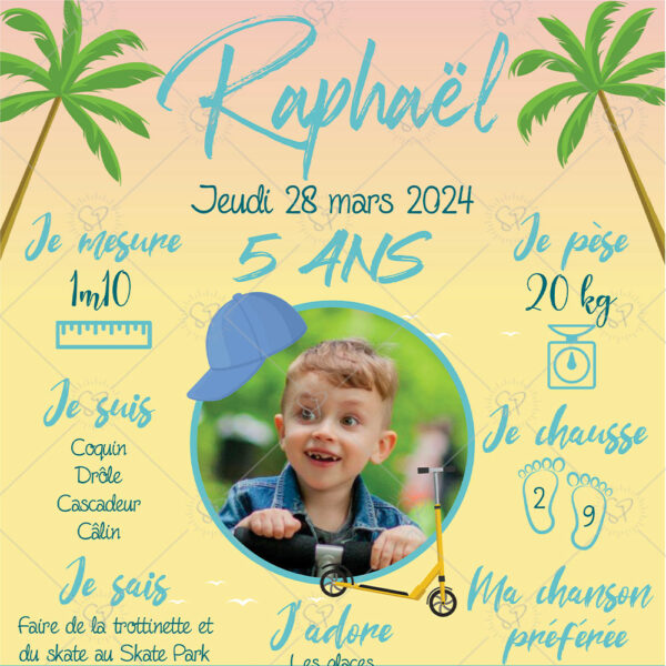 cette affiche anniversaire ensoleillée est un souvenir qui retrace les exploits de l'enfant, sa taille, son poids que vous pourrez ensuite afficher dans sa chambre.