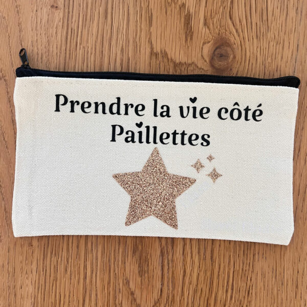 Trousse personnalisée prendre la vie côté paillettes avec étoile dorée