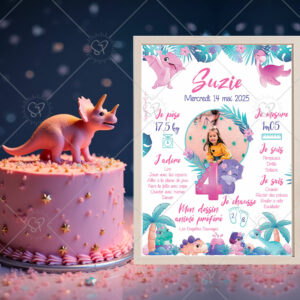 Affiche anniversaire dinosaure girly personnalisée posée près d’un gâteau d’anniversaire, décoration festive aux tons roses et violets.