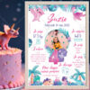 Décoration d’anniversaire enfant avec affiche dinosaure girly personnalisée installée à côté d’un gâteau sur le thème des dinosaures.