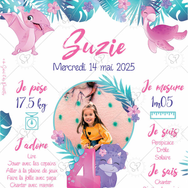 Détail de l’affiche anniversaire dinosaure girly montrant les informations personnalisées de l’enfant : prénom, âge et exploits.